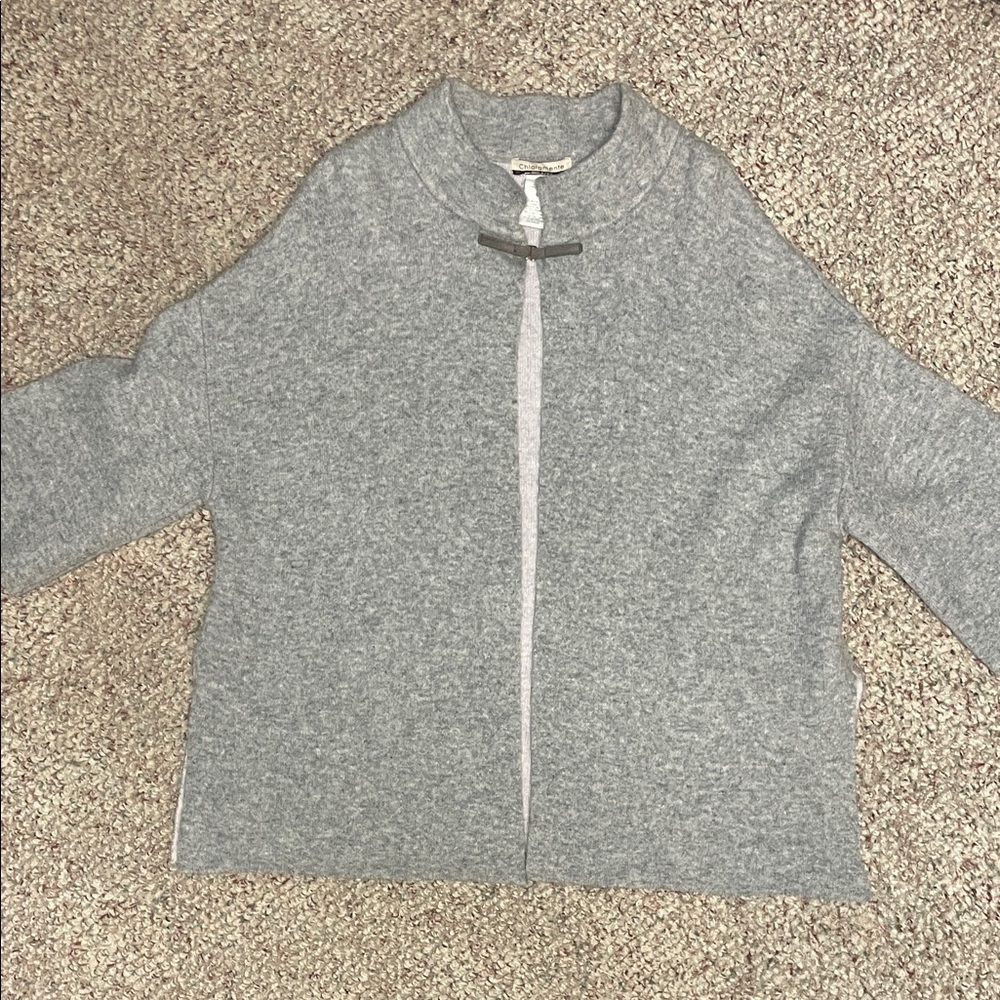 Wool Light Gray Open Front slit side clip neck fasten shirt sleeve cardigan